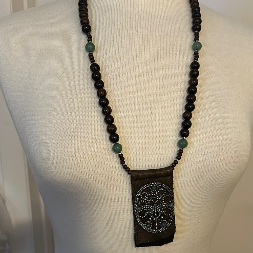 Local Artist Beaded Necklace with Leather and Vintage Shoe Buckle Pendant